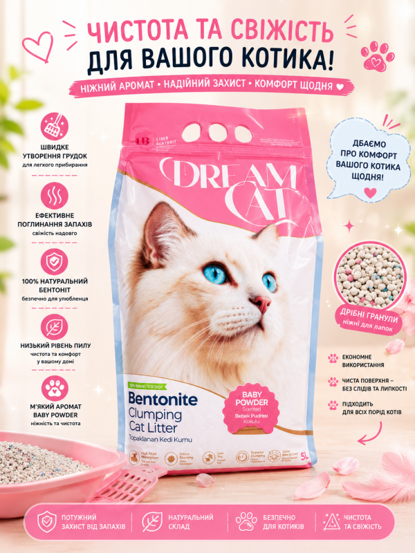 Бентонітовий наповнювач Dream Cat Baby Powder для котів