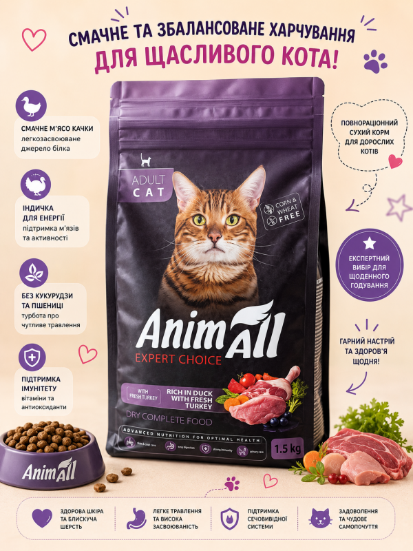 Сухий корм AnimAll для дорослих котів зі свіжою індичкою та качкою