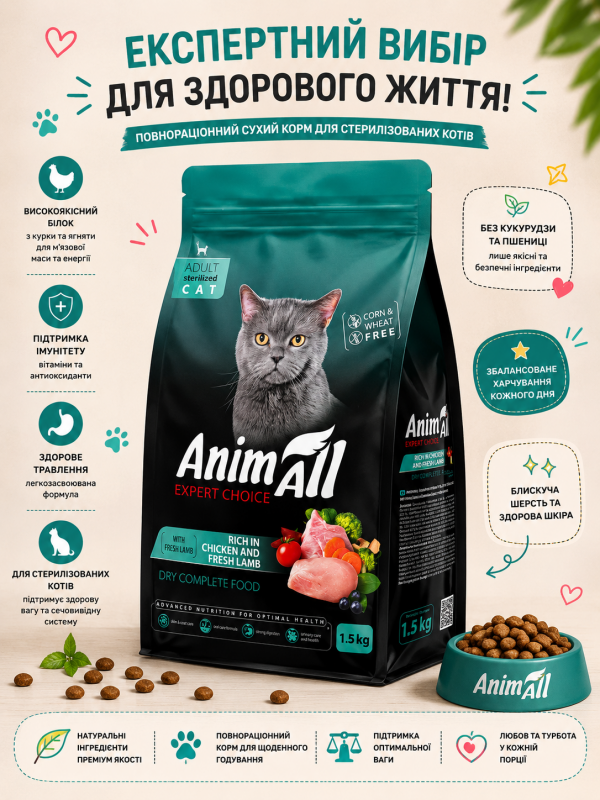 AnimAll Adult Sterilised корм для стерилізованих котів з куркою та бараниною