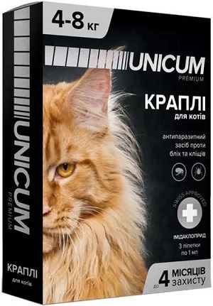 Краплі UNICUM Premium від бліх та кліщів для кішок вагою 4-8 кг 